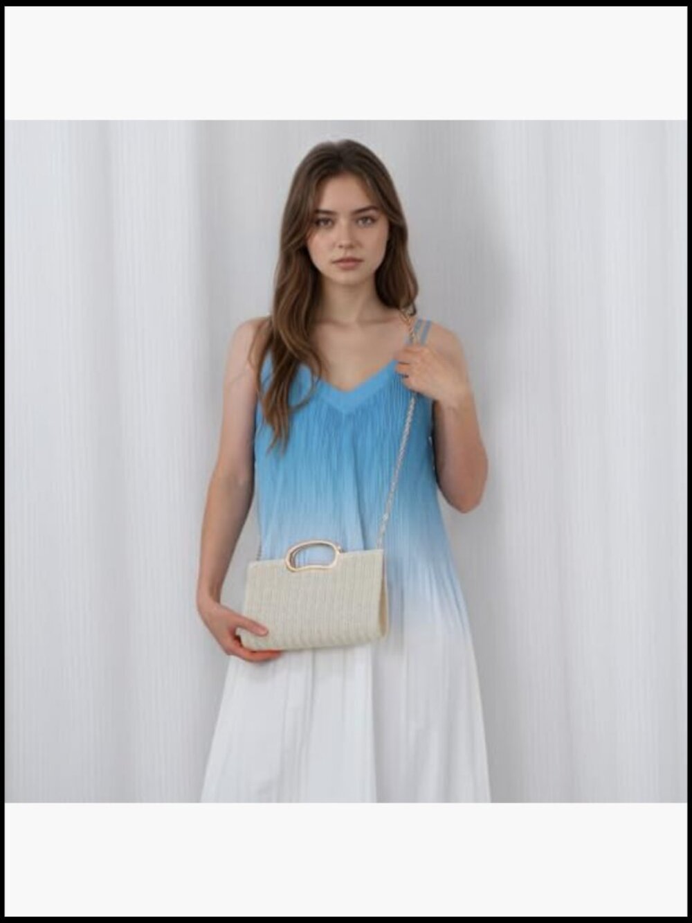 Straw Clutch Purse Woven Evening Bag Beach Handbag with Chain - Picture 3 of 7